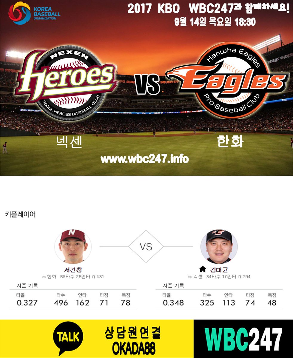 9월 14일 KBO 경기분석 가입첫충 5% 각종 이벤트 진행중!! 
wbc247.info 
#원커넥트 #KBC가입 #OKADA88 #오카다88 #오카다카지노 #WBC247 #일야분석 #해외배팅사 #뱃이스트 #국야분석