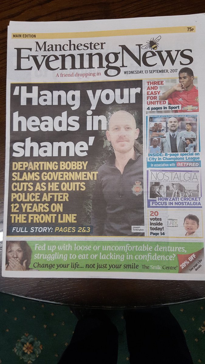 patkarney's tweet image. Exposing the scandal of police cuts.Big bold front page from-@MENnewsdesk .Cops and journalists standing up for our city.-@johnscheerhout .