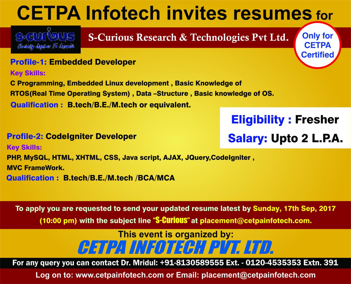 cetpainfo's tweet image. Excellent opportunity for CETPA certified students.
Company: S-Curious Research & Technology PVT. LTD.
Profile1: #Embedded_Developer