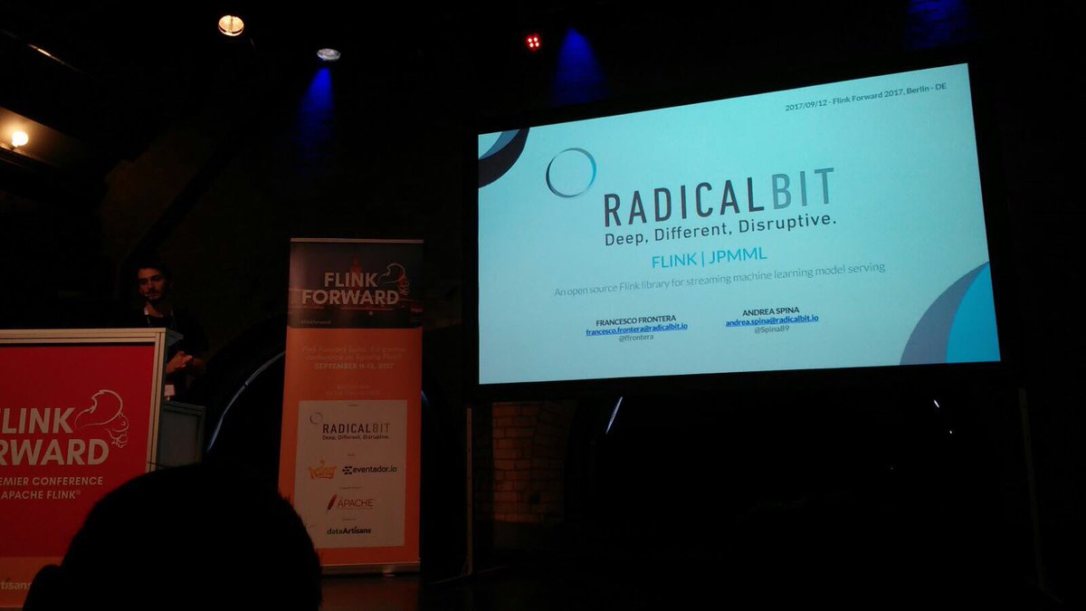 weareradicalbit's tweet photo. Some cool snapshots of the yesterday talk of our #PMML experts @Spina89 @f_frontera #FlinkML @ApacheFlink #FlinkForward https://t.co/srrnjaUgbH