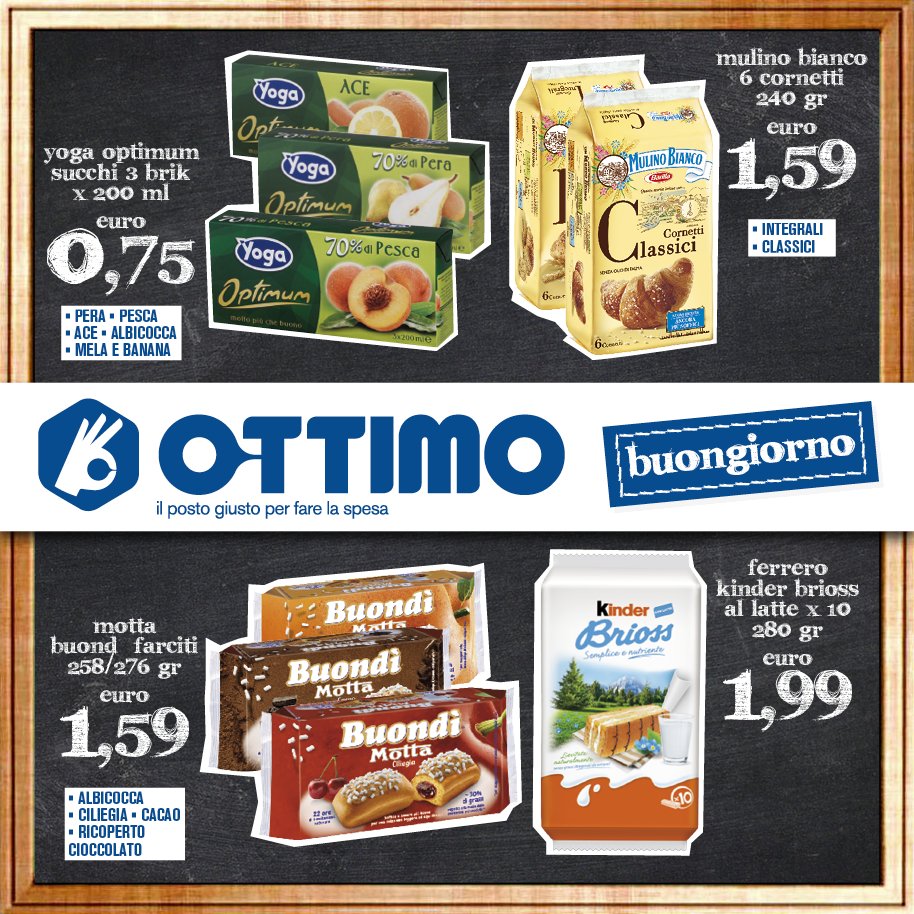 OttimoMarket's tweet photo. Un dolce #buongiorno con le nostre offerte super Convenienti!
con @mulinobianco ,🥐@BuondiOfficial , Kinder Brioss🥖e succhi di frutta #Yoga.🍊 https://t.co/RQUcaQBkBQ