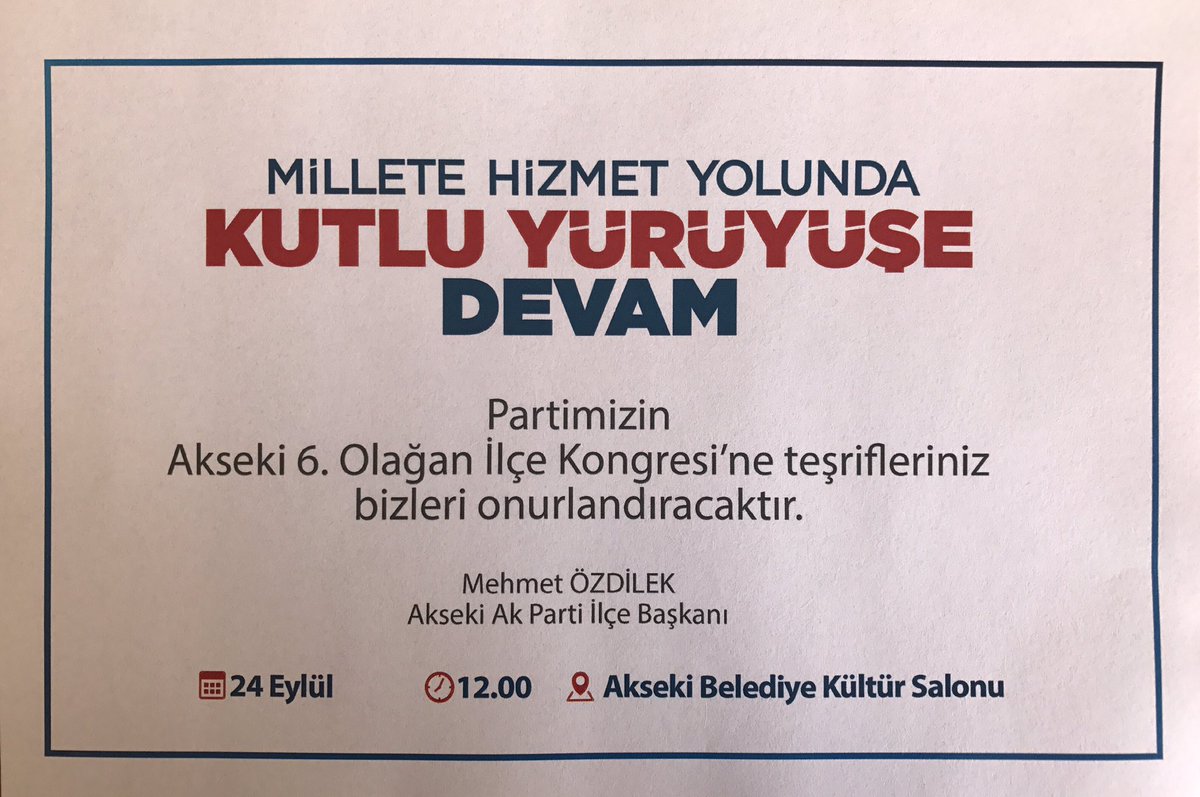 Partimizin 6. Kongresi'ne teşrifleriniz bizleri onurlandıracaktır. <a href="/RT_Erdogan/">rt_erdogan</a> <a href="/MevlutCavusoglu/">Mevlüt Çavuşoğlu</a> <a href="/mustafaatas/">Mustafa ATAŞ</a> <a href="/rizasumer/">Av.Rıza SÜMER</a> <a href="/menderesturel/">Menderes Türel</a>