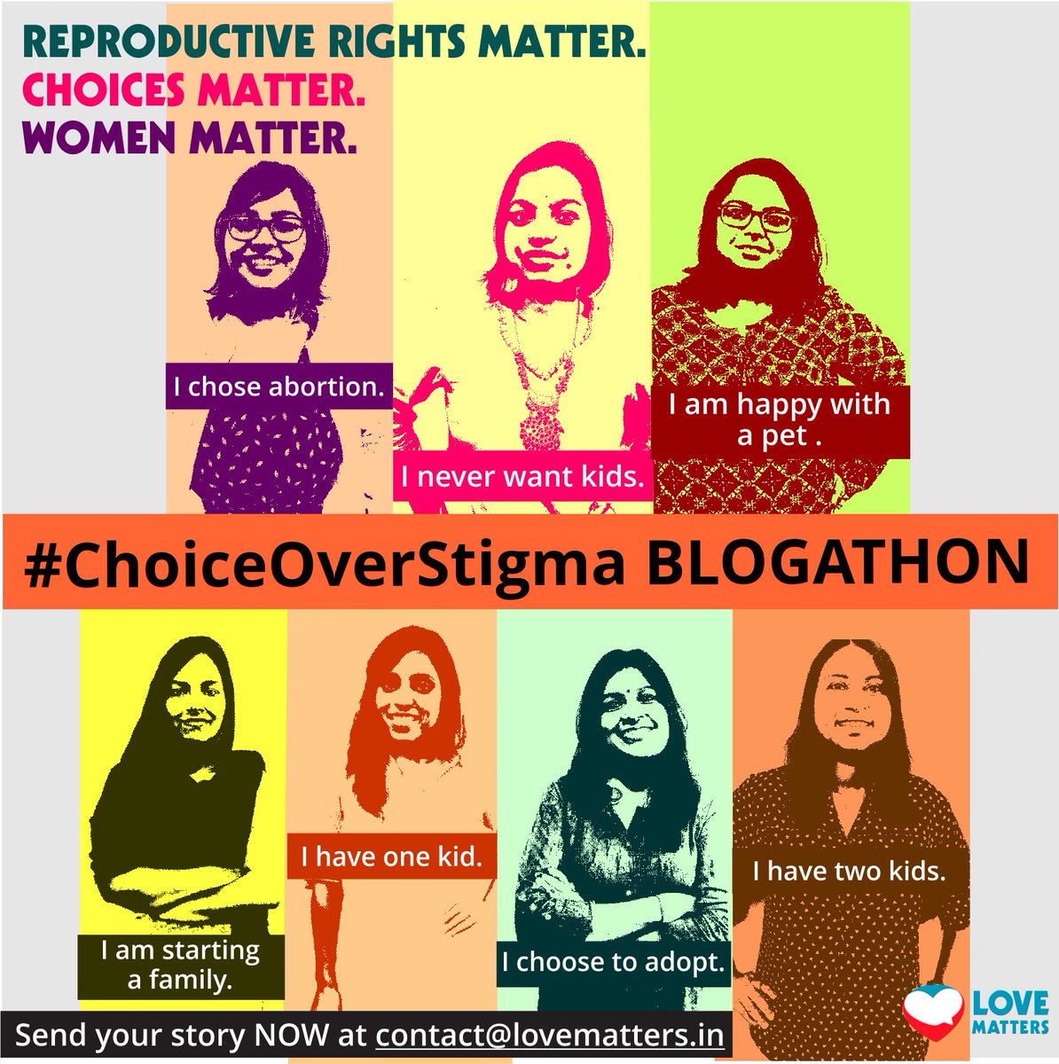MaStyleCare's tweet photo. @LoveMattersinfo invites you to share abortion story for their #ChoiceOverStigma Blogathon. 
Submit the blog at contact@lovematters.in https://t.co/5RVL7vxWKz