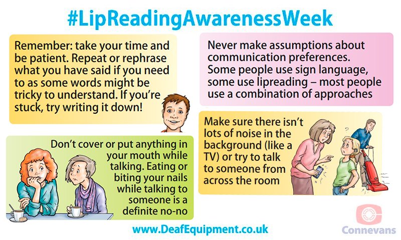 Useful tips to keep in mind when communicating with anyone who is deaf or hard of hearing! Feel free to share yours #lipreadingawarenessweek