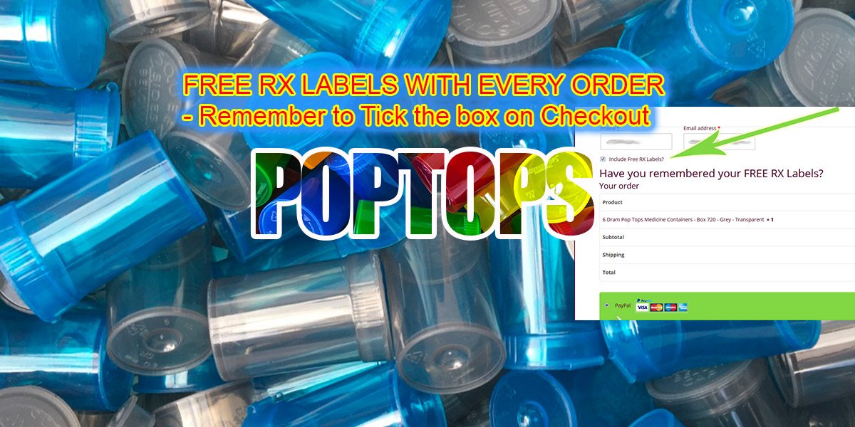 Free Rx Labels, Free UK Delivery, 6 dram, 13 dram and 19 dram poptops in stock at prices that will make you flip your lid :)