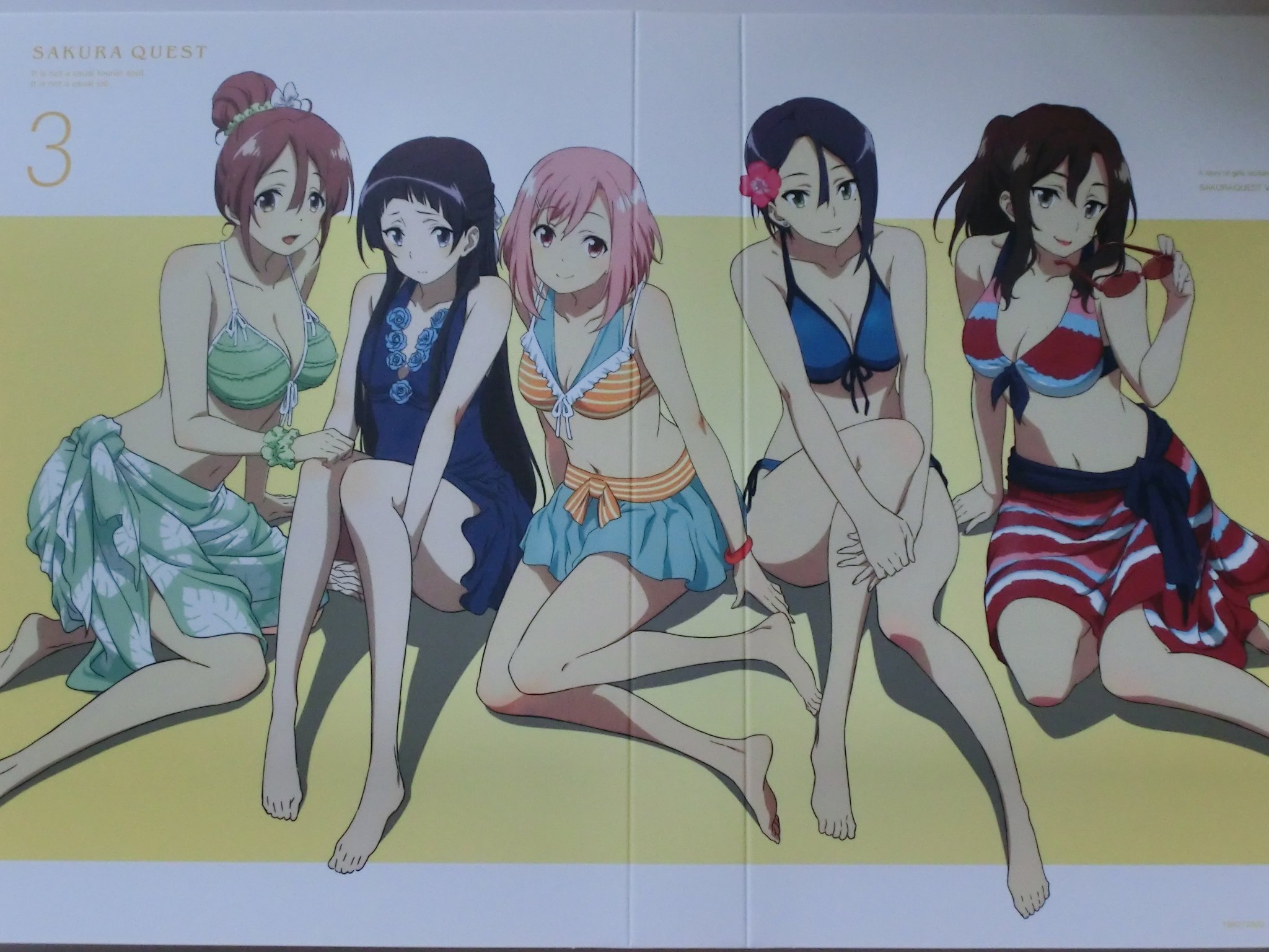 O Xrhsths コゥ Sto Twitter サクラクエスト Blu Ray Vol 3 届きました Bunbunさんの描いたしおりんはちょっぴり大人で凛々ちゃんはちょっぴり凛々しいです 中身は5人の水着姿 しおりん 胸にまっくすめろん付けています サクラクエスト