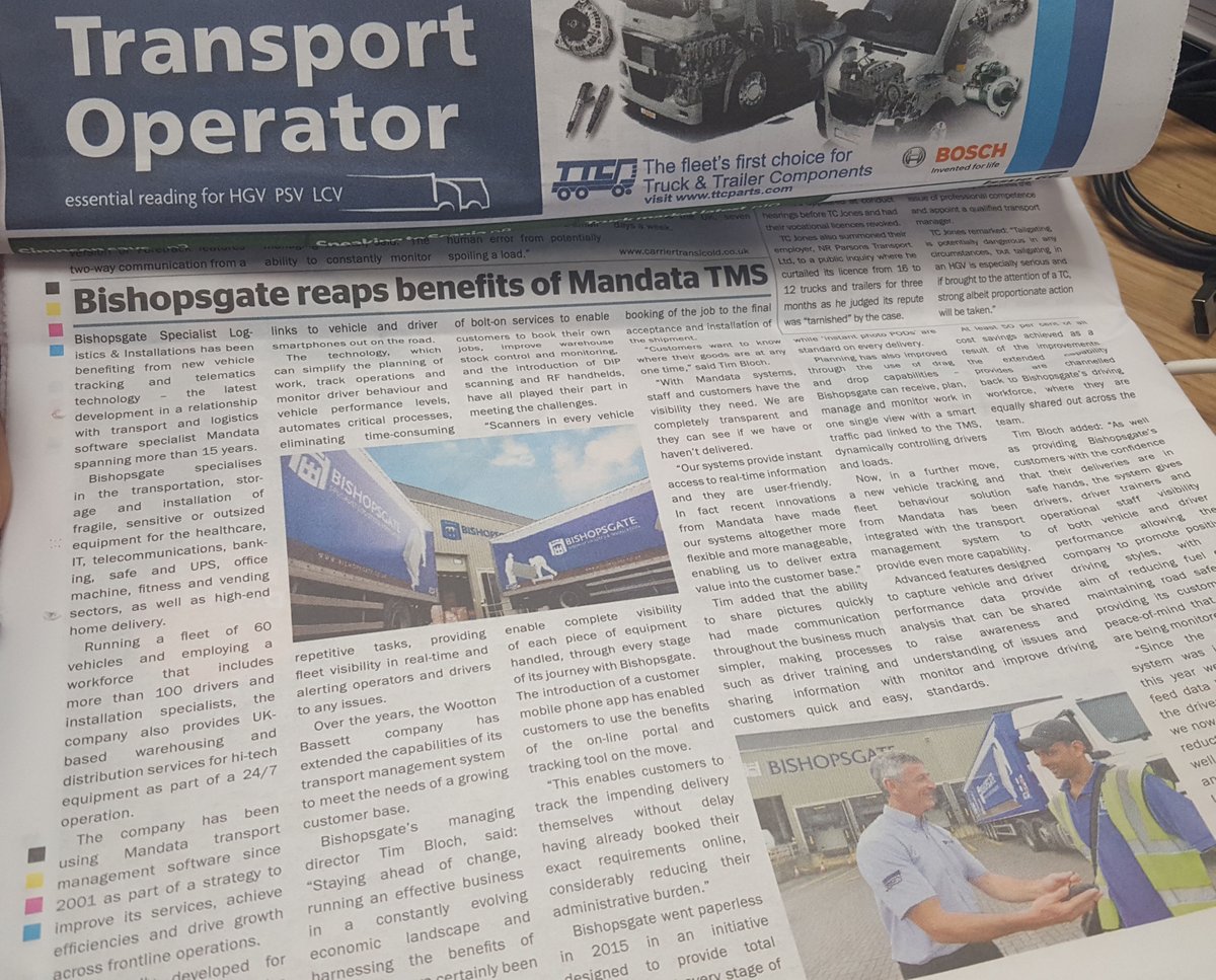 MandataLtd's tweet image. Thanku #TransportOperator! Fab new issue. Look who&apos;s in - #BishopsgateSpecialistInstallations &amp;amp; integrated @MandataLtd TMS/Tracking benefits