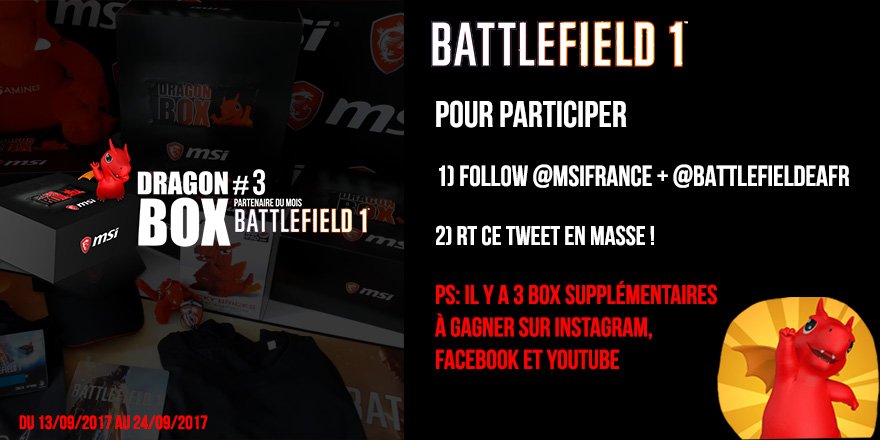 msifrance's tweet photo. Gagne la #DRAGONBOX 3 BATTLEFIELD
1) Follow @msifrance et @BattlefieldEAFR
2) RT ce tweet
3 autres box à gagner là > https://t.co/pcfC9VlcCk https://t.co/VeCReiAeRr