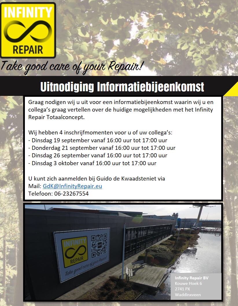 We staan in de <a href="/SchildersVAK/">SchildersVAK</a>. Bent u geïnteresseerd in #Duurzaamheid #innovatie #circulareconomy kom naar een informatiebijeenkomst <a href="/irbvnl/">Infinity Repair BV</a>