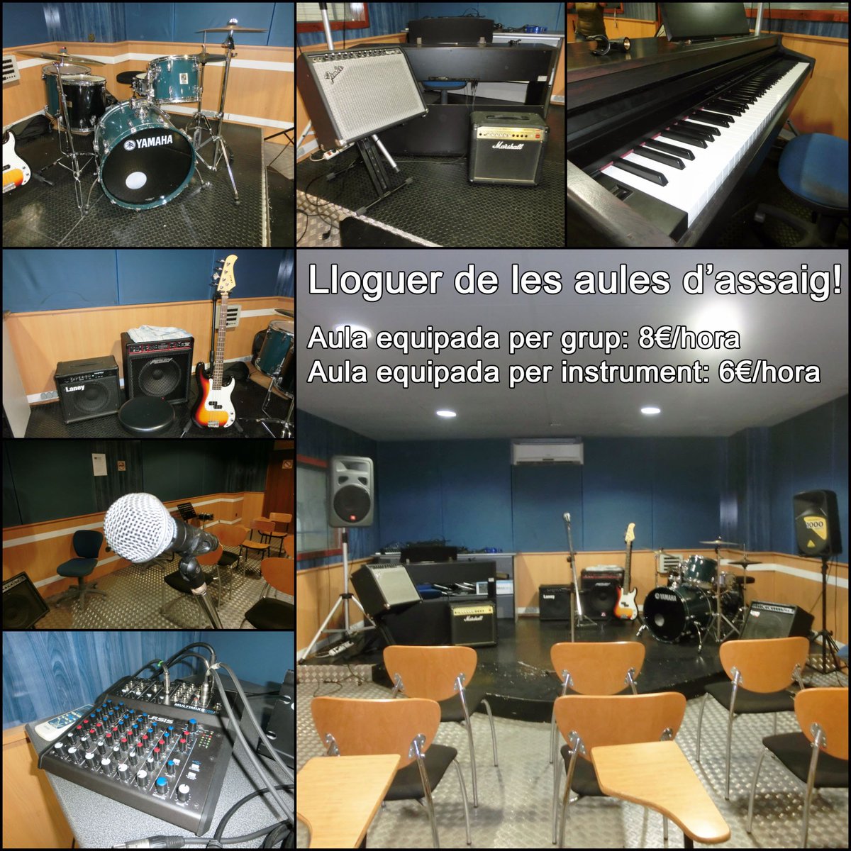 Tens un grup o vols assajar tranquil·lament pel teu compte? Pots venir a l'Aula i lloga una aula d'assaig.
Consulta'ns els horaris i preus!
