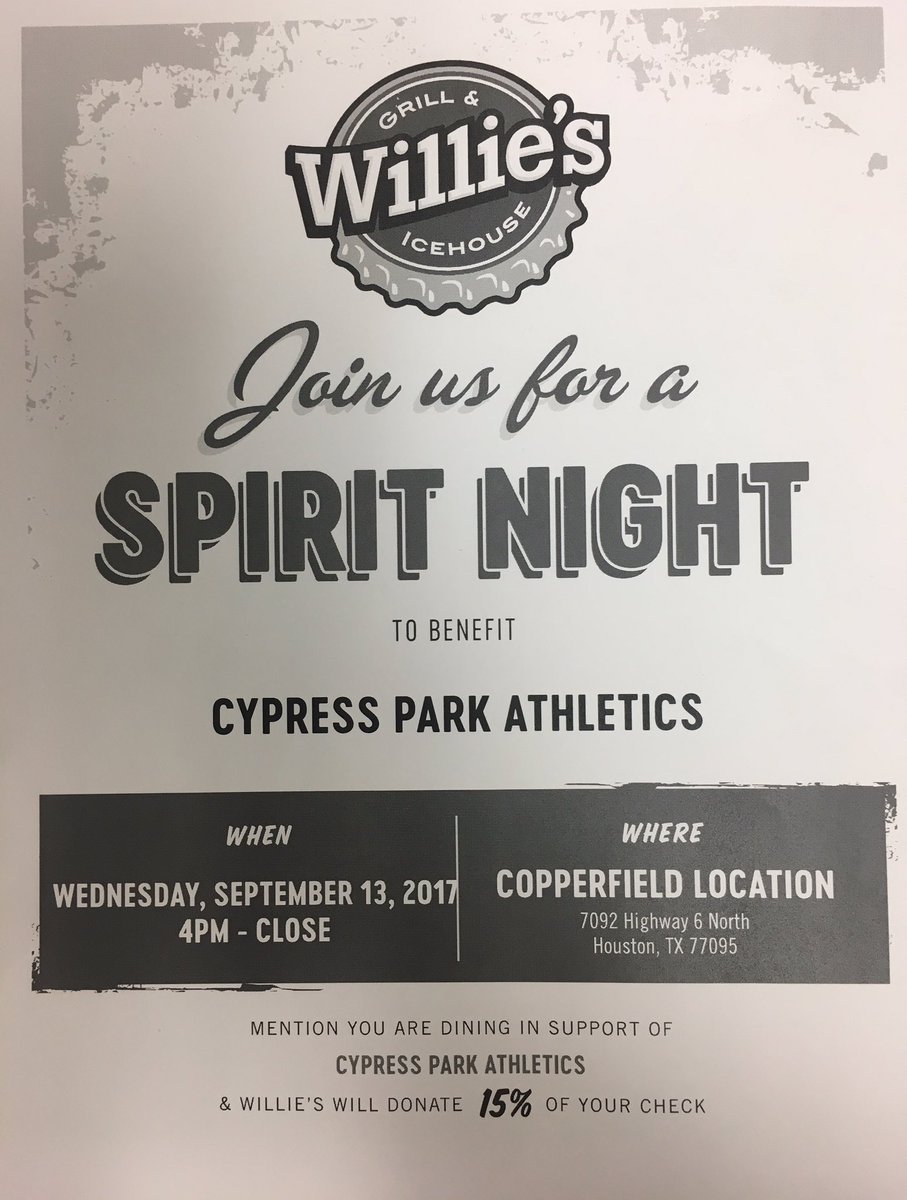 CyParkAthletics's tweet photo. Hope to see you @WilliesIcehouse in Copperfield this evening in support of @cyparkABC and our athletic programs! @CypressParkHS #RISEup https://t.co/oNj7VW7XvM