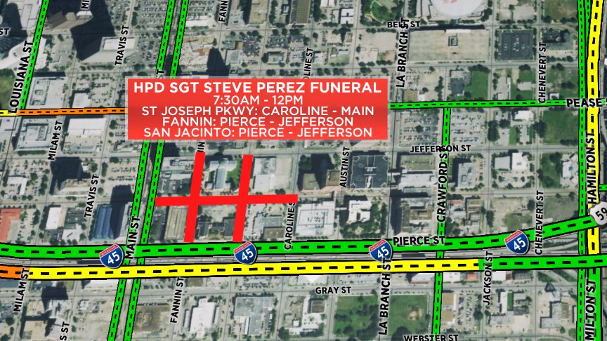 KatherineW_TV's tweet image. HPD SGT Steve Perez Funeral Road Closures in Downtown Houston @abc13houston #kattraffic #ABC13