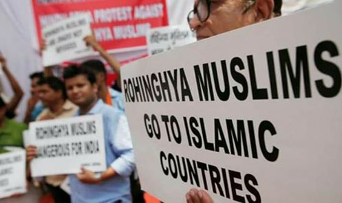 Hindu Sena protests against Rohingya .
They said " Rohingya must go to Islamic Countries ."