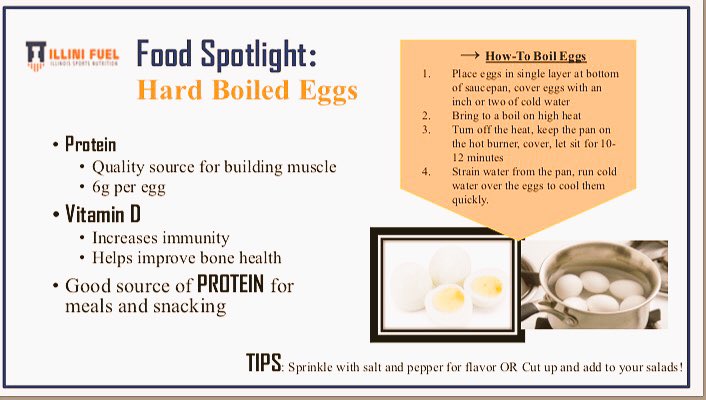 IlliniFuel's tweet image. Boil up a dozen eggs to have a quick, easy, and quality protein option throughout the week! 🥚🔶🔷 #snackprep #Fuel #Illini