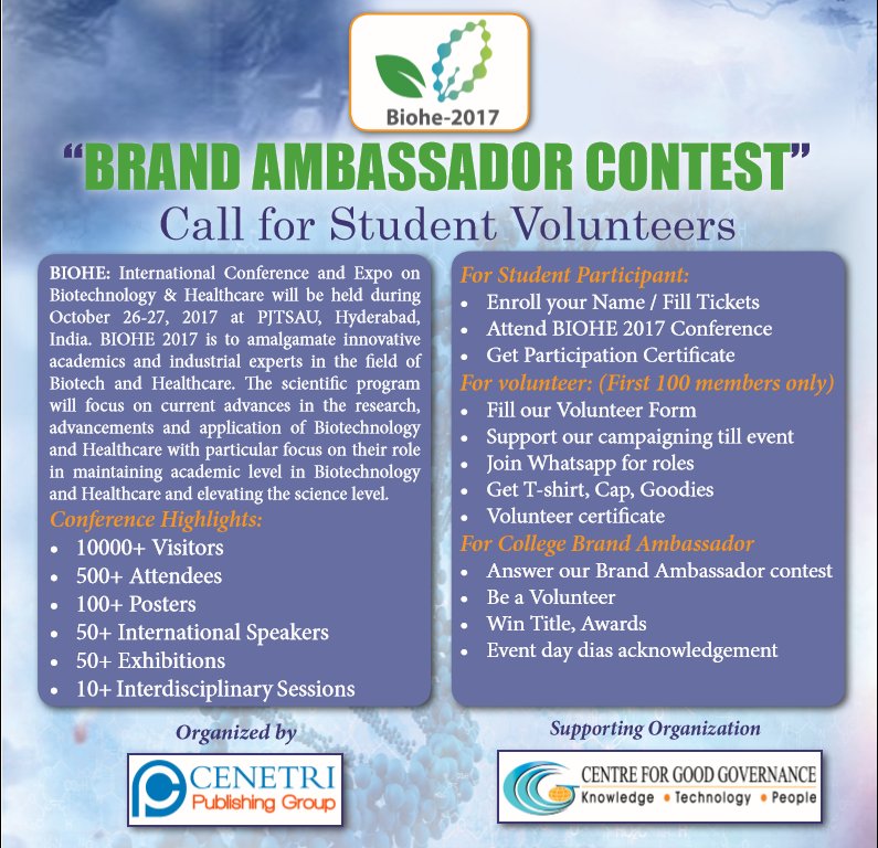 Akansha2092's tweet photo. BIOHE-2017 (Oct 26-27, 2017 | PJTSAU, Hyderabad) calls 4 Student #Volunteers interested contact- akansha@biotechconference.org 0402025456 https://t.co/ftBTKYt3qm