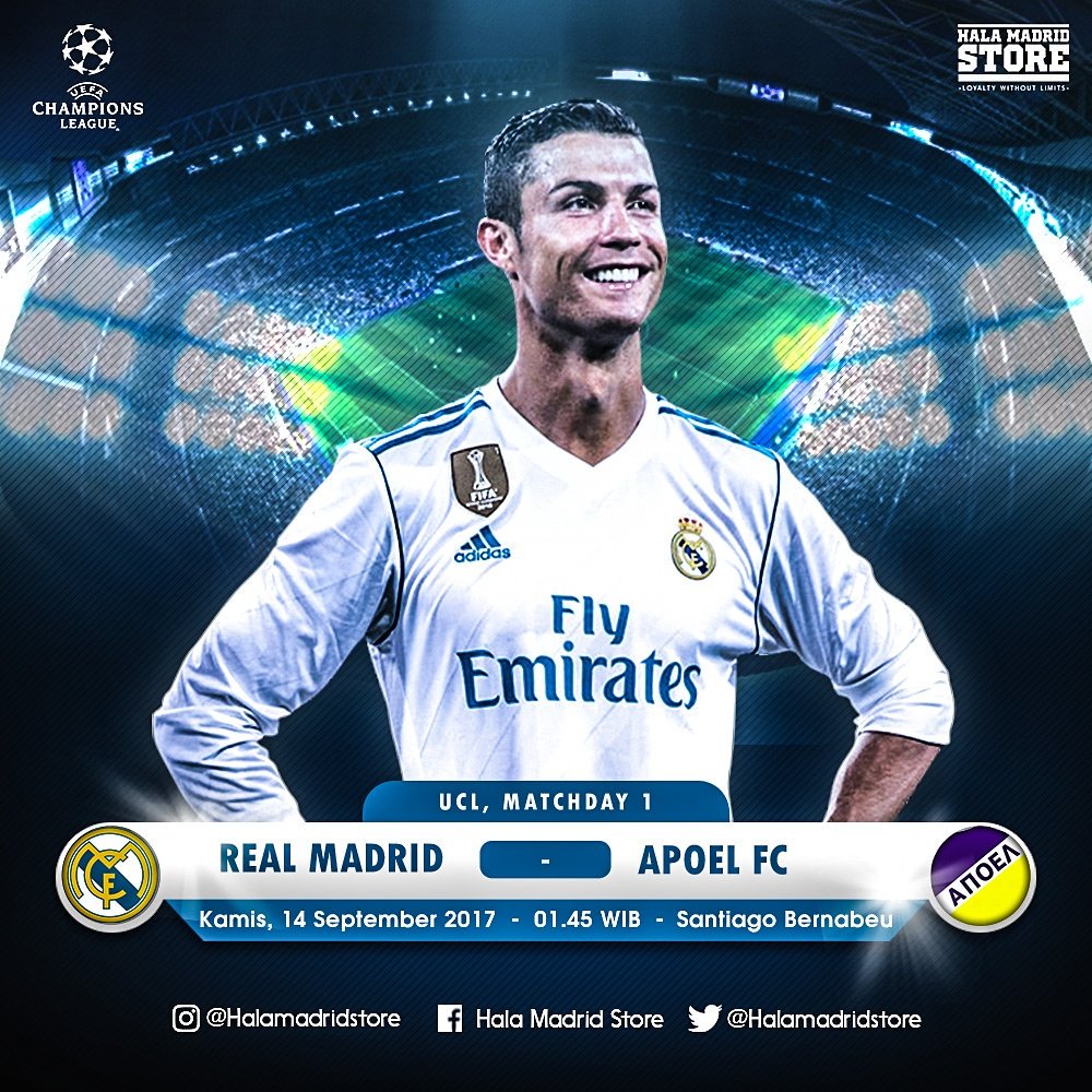 Halamadridstore's tweet photo. REAL MADRID - APOEL

Dinihari nanti pukul 01.45 WIB, Real Madrid akan menjamu Apoel di Bernabeu pada Matchday pertama UCL musim ini. https://t.co/SZ51zsYCVc