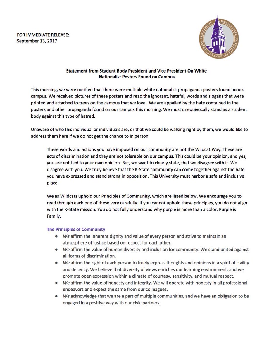 KStateSBP_SBVP's tweet photo. Please see the statement below regarding the hateful posters found on campus this morning. https://t.co/xb9PEJPnYi