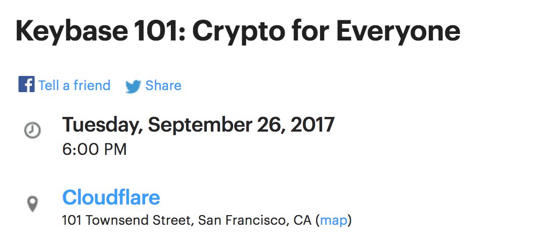 We're hosting a 'Crypto 101' event @Cloudflare, 9/26. Pizza, intro to crypto, and discussion of new features. meetup.com/Keybase-io/eve…