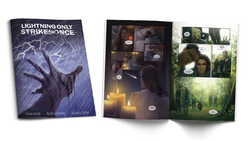 ClexaComic's tweet photo. Lightning Only Strikes Once, the popular #Clexa fanfic, is being serialized as a comic book! Get your book now!  https://t.co/5PtQvLlzH3 https://t.co/eytNlLJn9T