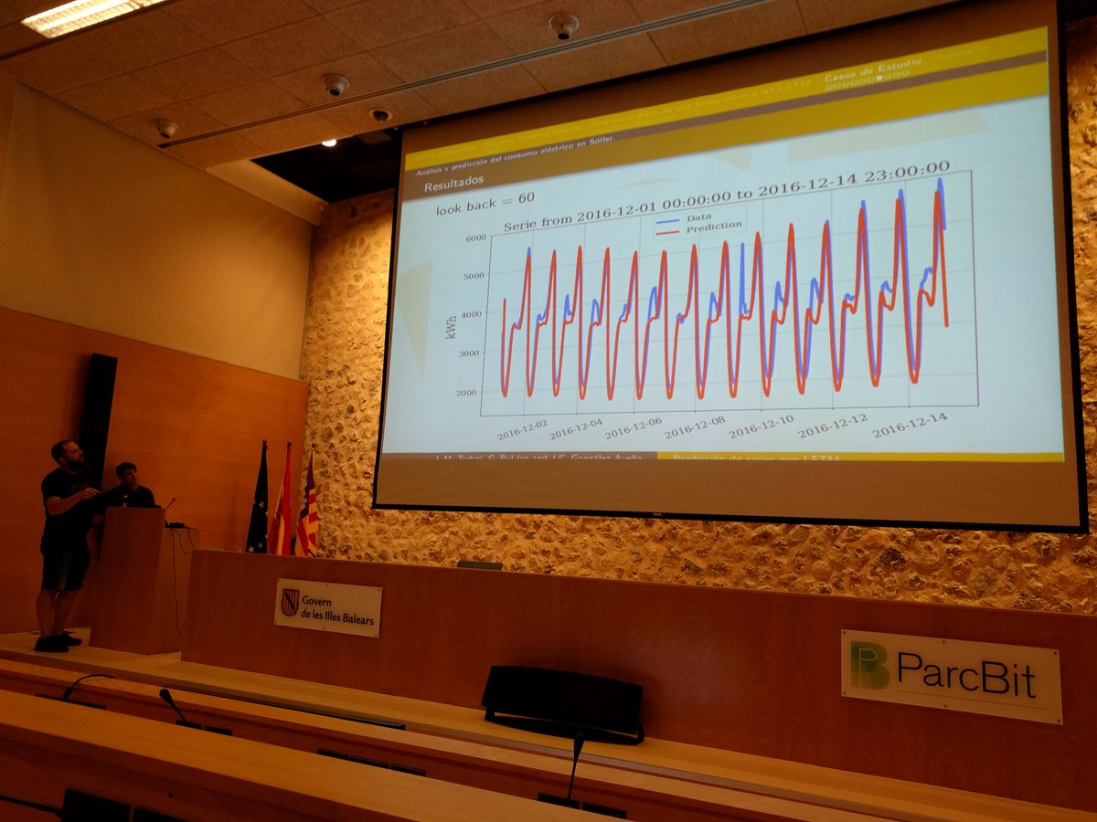 arnauvp's tweet photo. Juan Carlos and @marctuduri explain how @apsl_web predicts power usage two weeks in advance. #pydatamallorca https://t.co/MnfVBYQ3WV