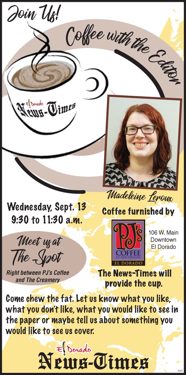 el_newstimes's tweet photo. Come out and join us this morning at The Spot! #ElDorado #CoffeeWithTheEditor #UnionCounty https://t.co/jsszAHCO0j