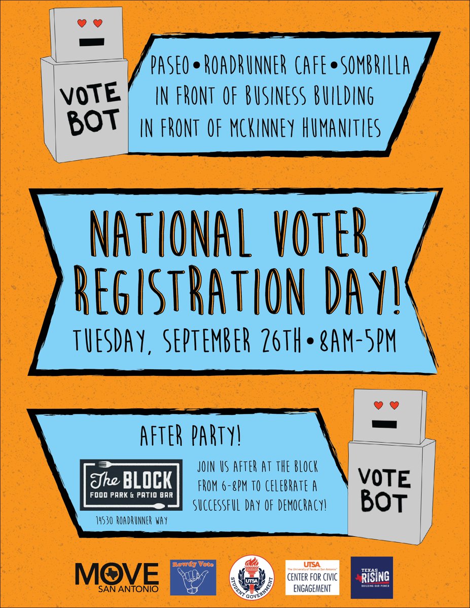 Hey <a href="/UTSA_P20/">UTSAP20Initiatives</a> get registered to #vote at <a href="/UTSA/">UT San Antonio</a> during #NVRD on September 26th and get <a href="/UTSAengaged/">UTSA Engaged</a>!
