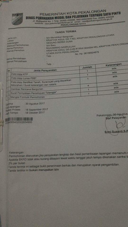 kotabatik's tweet photo. Ini bukti bhwa telah trjd Fitnah. Yg diajukan k Pemkot Pekalongan adlh IMB Gedung Serba Guna bukan Masjid. Artinya tdk ada penyegelan masjid https://t.co/Sqe783r4q5