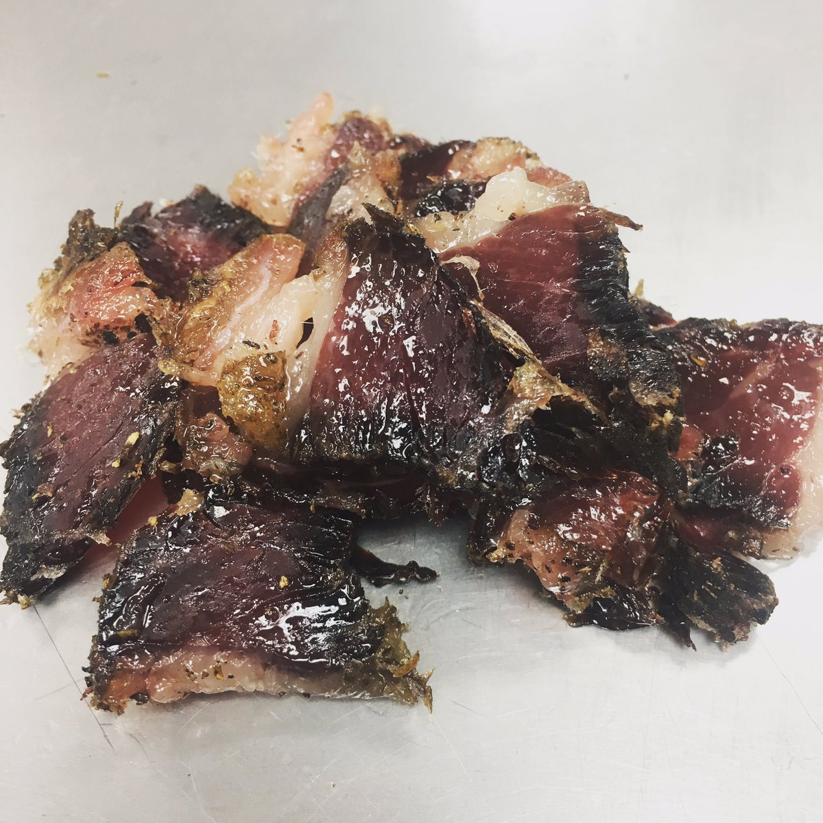 Look at the sheen on this #wagyubiltong. A medium dry piece of Biltong showing what makes #wagyu so special #liquidfat #LCHF