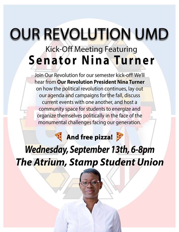 ORUMDC's tweet photo. TONIGHT: all are welcome to come to our kick off meeting, with special guest and @OurRevolution President, @ninaturner! 6 PM, 3972 Campus Dr https://t.co/nH6ppdaLOM