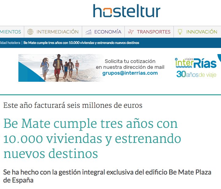 BeMate: 3 años de vida y en plena expansión. NOTICIA -> bit.ly/2xjygP5 
#BeMatecom #morethanapartments #travel