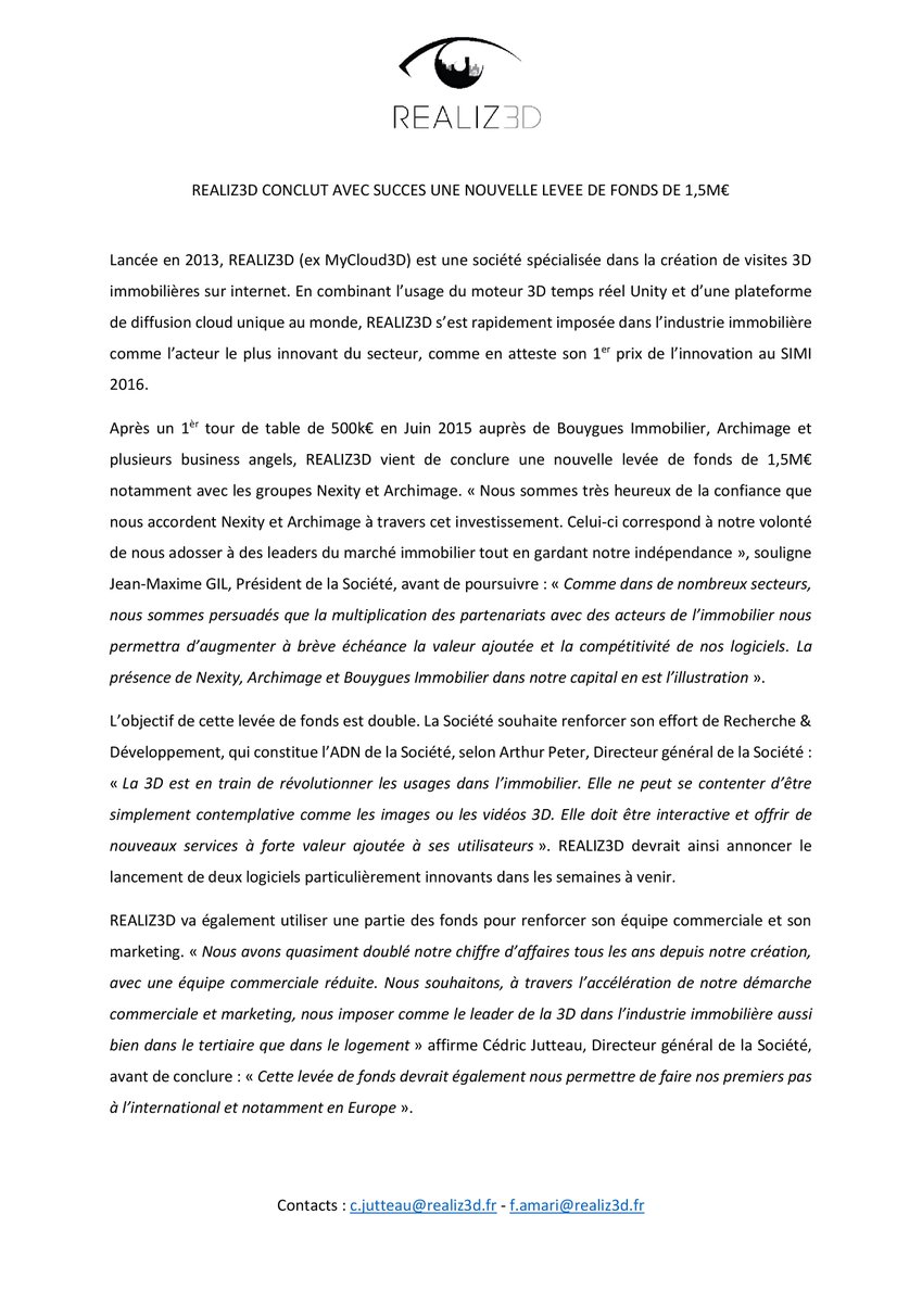 REALIZ3D lève 1.5M€ auprès de <a href="/archimageagence/">Archimage</a> de @nexity. Nous sommes fiers de compter les leaders au sein de notre capital <a href="/Bouygues_Immo/">Bouygues Immobilier</a>