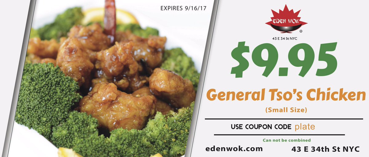 edenwoknyc's tweet image. Special Coupon Make Your Lunch More Enjoyable😋
$9.95 General Tso&apos;s Chicken at Eden Wok-edenwok.com
Online Code:plate
#Deals #kosher