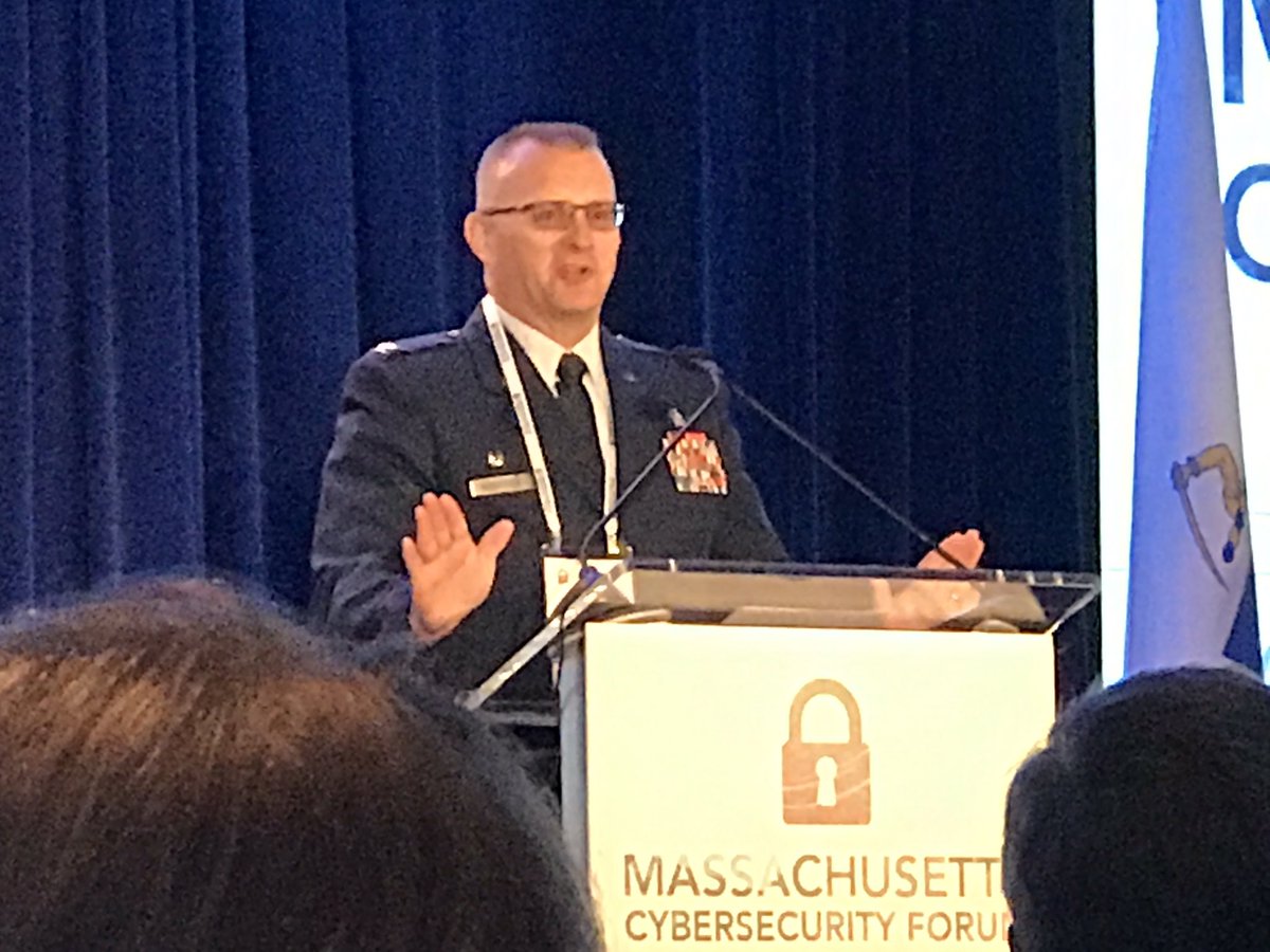 thopcroft's tweet photo. @AirNatlGuard Colonel Joe Morrissey says Mass Guard has been securing our nation since 1636 & today is standing up cyber battalions #CyberMA https://t.co/LJ3jUbkunU