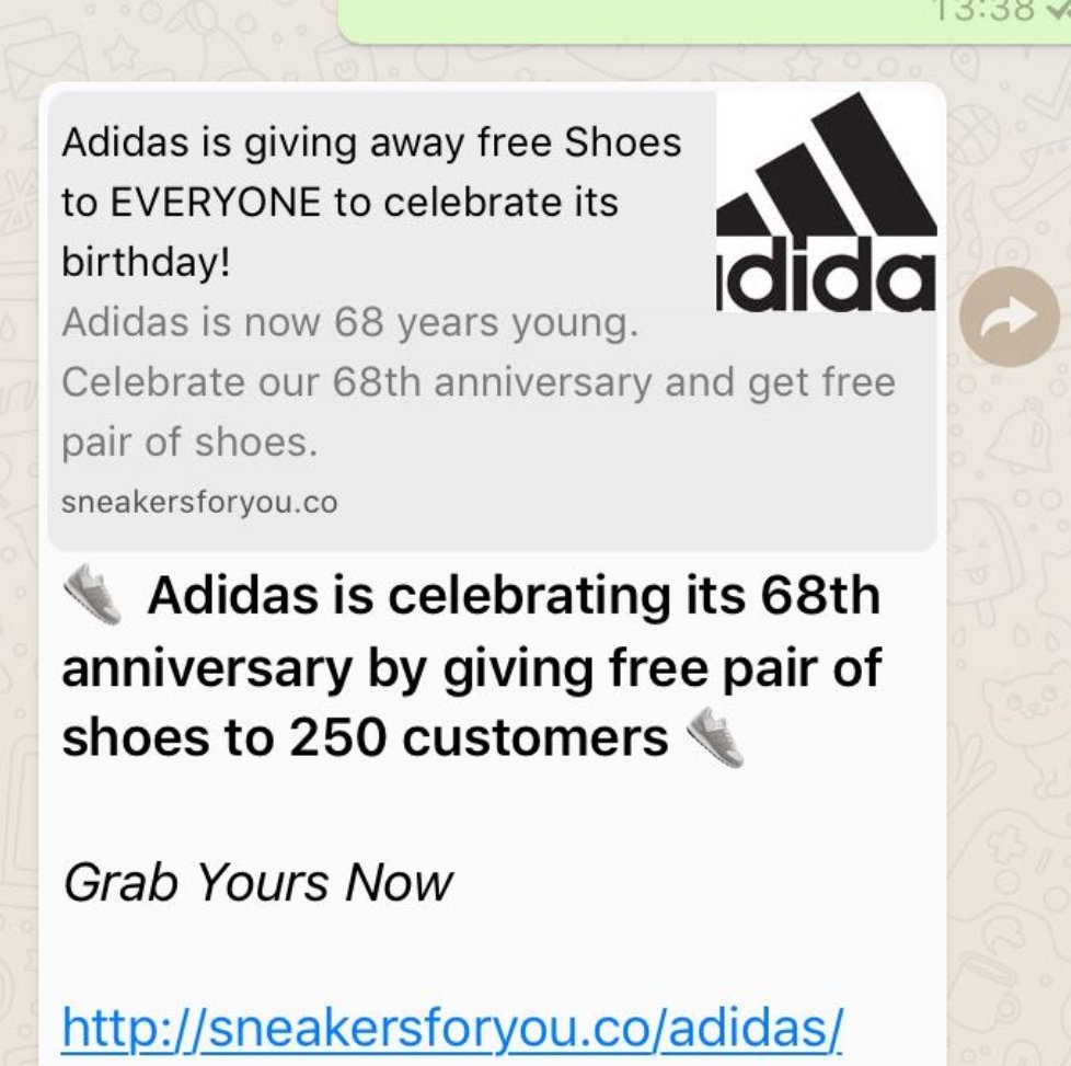 EngagingEvents2's tweet photo. @AddidasUK i keep receiving these links via wotsapp from all my friends. Not legit? #scam #spam #spamalert https://t.co/aj5w0WpFVH