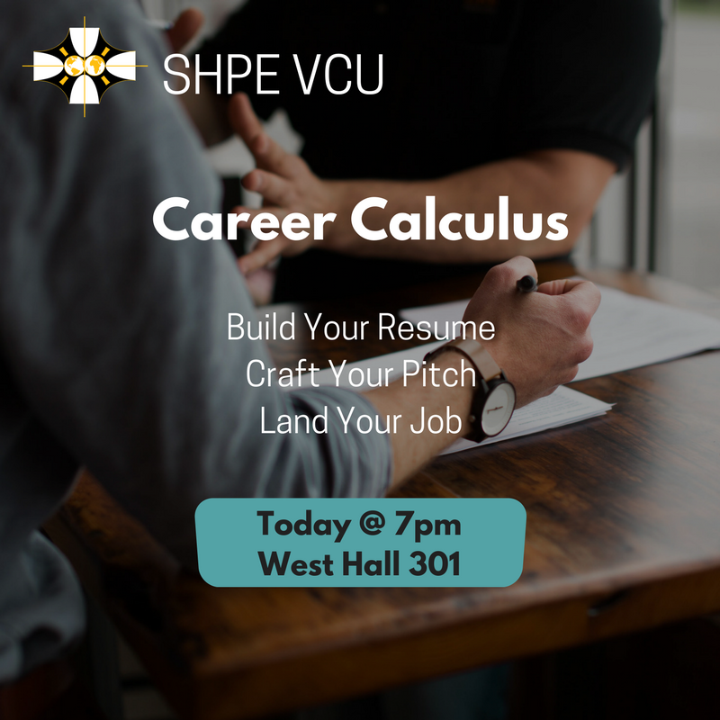 SHPE_VCU's tweet photo. Learn everything you need to differentiate yourself from the crowd. We're going over how to create great resumes and elevator pitchs https://t.co/SFmT5j8UuJ