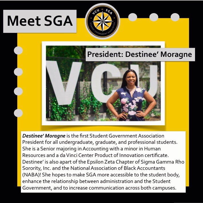 VCUSGA's tweet photo. Meet SGA | President - Destinee' Moragne - https://t.co/wcbMX8QbZM #gettoknowus #connect #vcusga #meetsga https://t.co/zJV0Nvo3tq