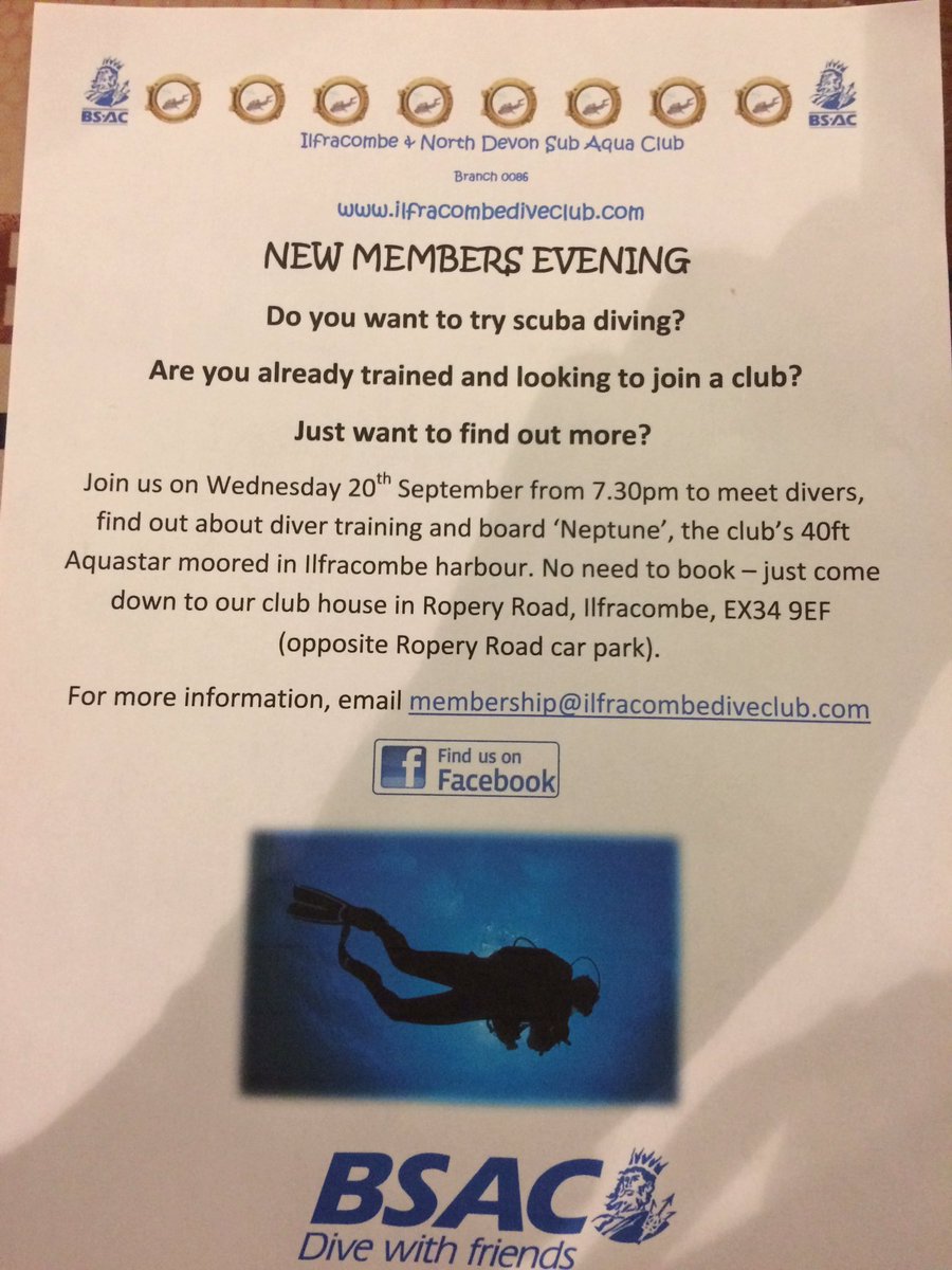 ilfsac0086 (@combediver) on Twitter photo New members evening 20th September. Come and see our club <a href="/BSACdivers/">British Sub-Aqua Club</a> #ukdiving #ilfracombe #northdevon New members evening 20th September. Come and see our club <a href="/BSACdivers/">British Sub-Aqua Club</a> #ukdiving #ilfracombe #northdevon