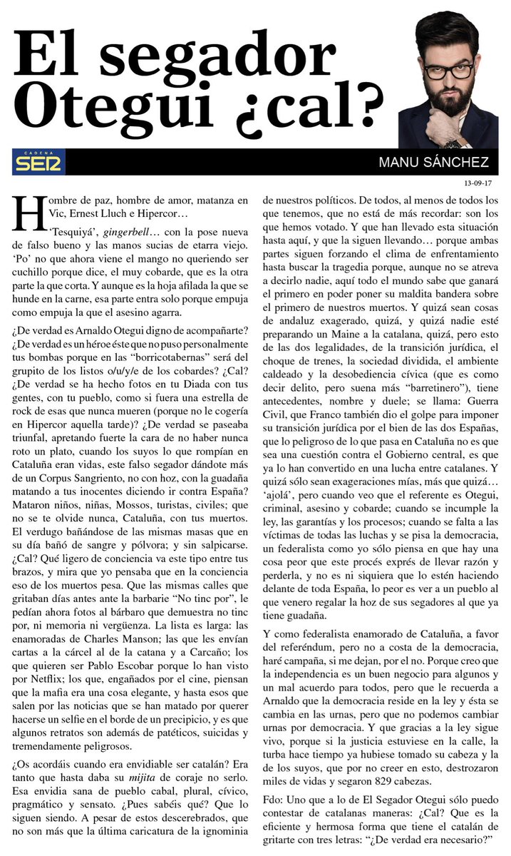 _ManuSanchez_'s tweet photo. 🔴Columna | "EL SEGADOR OTEGUI, ¿CAL?" Hombre de paz,hombre de amor,matanza en Vic,Ernest Lluch e Hipercor🎶  @La_SER 
https://t.co/ibXY0v1mxq https://t.co/30kNzZToGZ