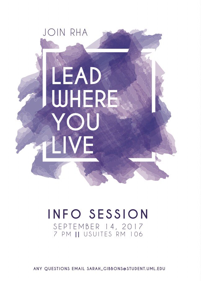 uml_rha's tweet image. Come to our RHA info session! Meeting in Usuites Room 106 @ 7pm this Thursday! Learn how you can Lead Where You Live and enjoy free pizza!