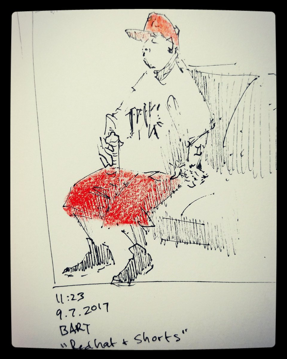 drawcumentary's tweet photo. His red hat and shorts stuck put to me. #art #drawcument #drawcumentary #sketch #urbansketch #urbansketchers #sanfrancisco https://t.co/M0lB6UTmcg