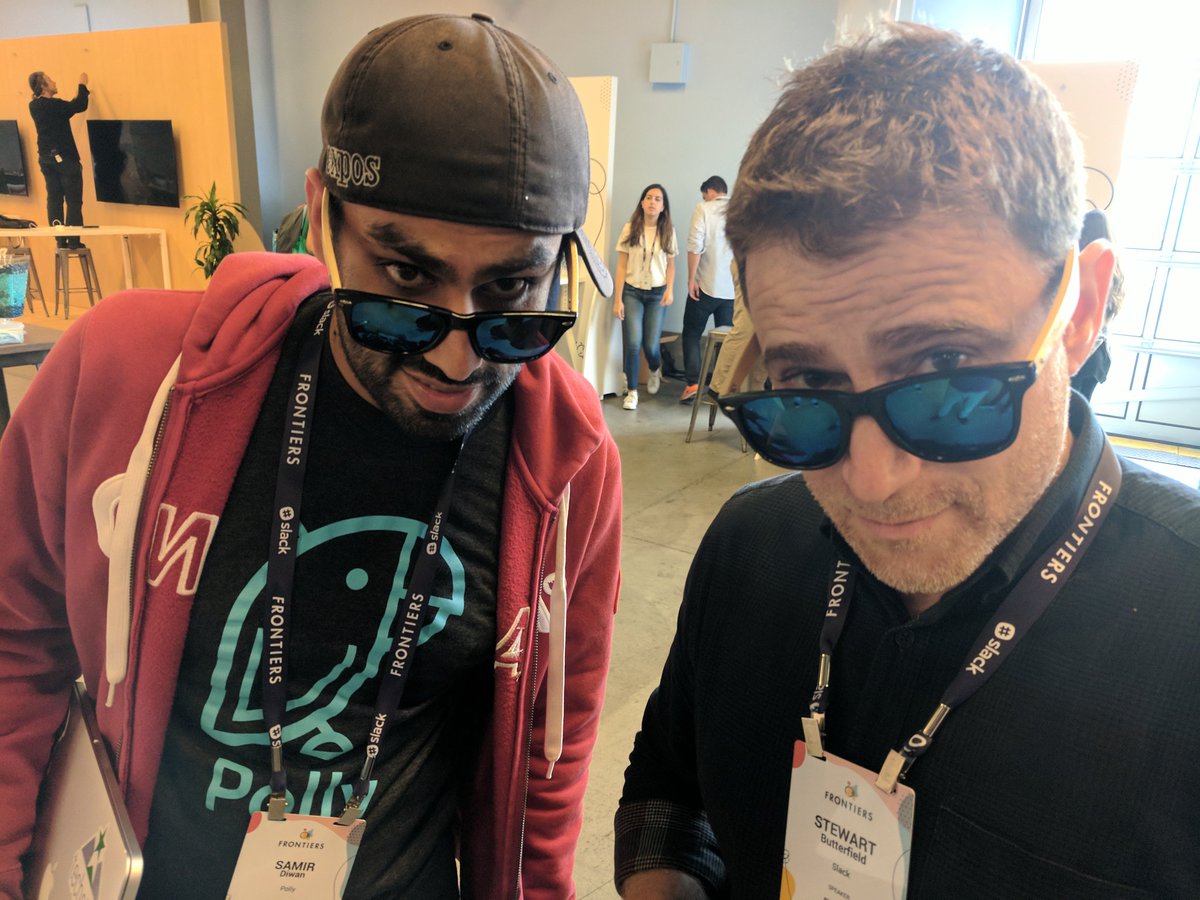 #slackfrontiers ending with <a href="/stewart/">Stewart Butterfield</a> rocking some <a href="/polly_ai/">Polly</a> shades 😎