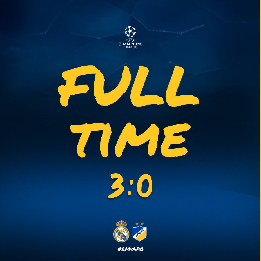 apoelfcofficial's tweet photo. [FT] Τέλος της αναμέτρησης στη Μαδρίτη.
@realmadrid 3-0 #APOELFC
⚽️ Ronaldo 12′, 51′p, Ramos 61′
#apoelfclive #UCL #RMvAPO https://t.co/qOe4BVoxaJ