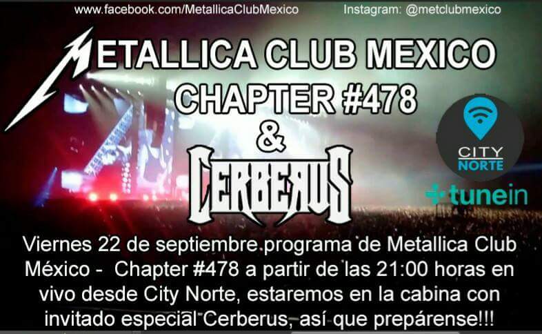 Metallica_CMX's tweet photo. Los esperamos viernes 22 de septiembre programa en @citynorte tendremos la presencia de @CerberusOrder #Chapter478 https://t.co/3zciZU0SoQ