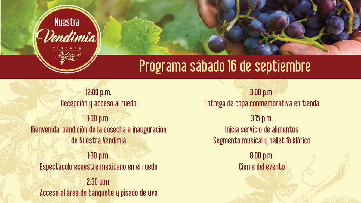 Este sábado no te pierdas la última vendimia del año en #ViñedosAzteca. Mañana último día para reservar.
