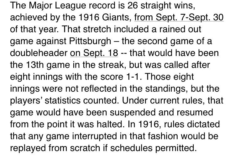 I'm guilty as anyone of getting hung up on that 1916 Giants "tie." This explains why it wasn't a tie but simply 8 innings wiped from books.