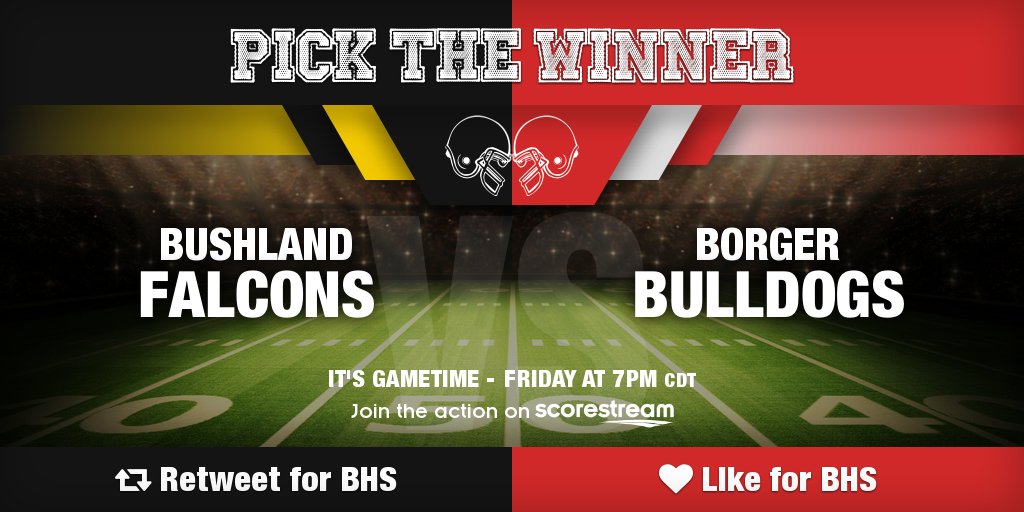 Who wins??
Retweet for Bushland (<a href="/BushlandISD/">Bushland ISD</a>)
Like for Borger
Get the app 🏈 scorestream.com/app?rId=twg
