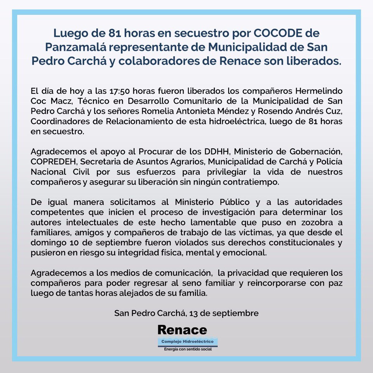 CRN_Noticias's tweet photo. LO ÚLTIMO | @RenaceGuatemala informa que han sido liberados las tres personas retenidas. https://t.co/aFu03dUnS5