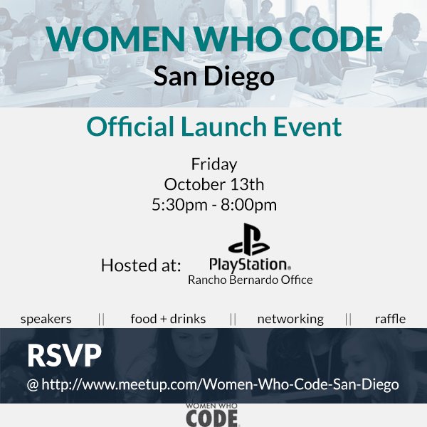 WWCodesandiego's tweet image. Please join us for our official launch event on Oct 13th! RSVP:  meetup.com/Women-Who-Code… #WWCodesandiego #WWC