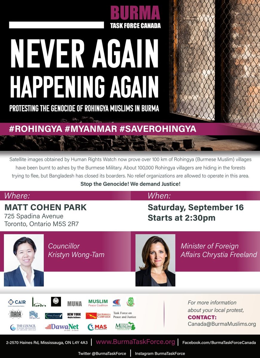 kristynwongtam's tweet photo. #Rohingya Muslims are facing a catastrophic humanitarian crisis.
Sat Sept 16 is a day for international solidarity. Rally + march. #Peace https://t.co/Z2Idh8g32j