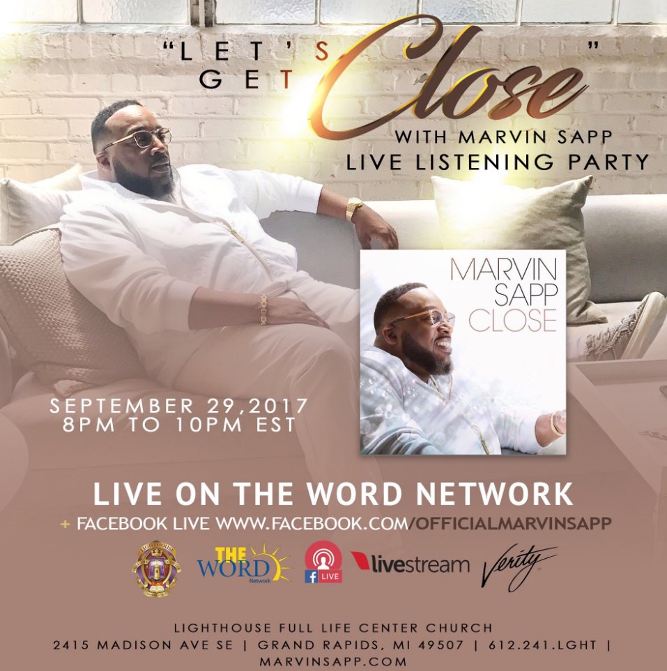 thewordnetwork's tweet photo. September 29th! It's the "Let's Get Close" LIVE Listening Party at #LighthouseGR for @marvinsapp on @thewordnetwork !!! #DontMissIt https://t.co/Ul8WwL1BE4